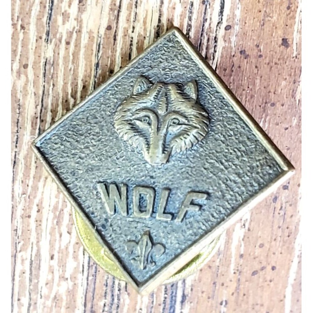 Vintage BSA Cub Scout Wolf Rank Pin Badge & Gold Arrow Point Patch Set